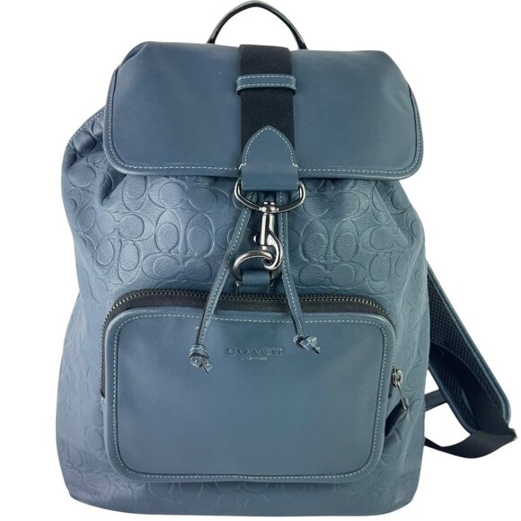 COACH Sky Blue Signature Leather Sullivan Unisex Drawstring Backpack - Picture 1 of 13